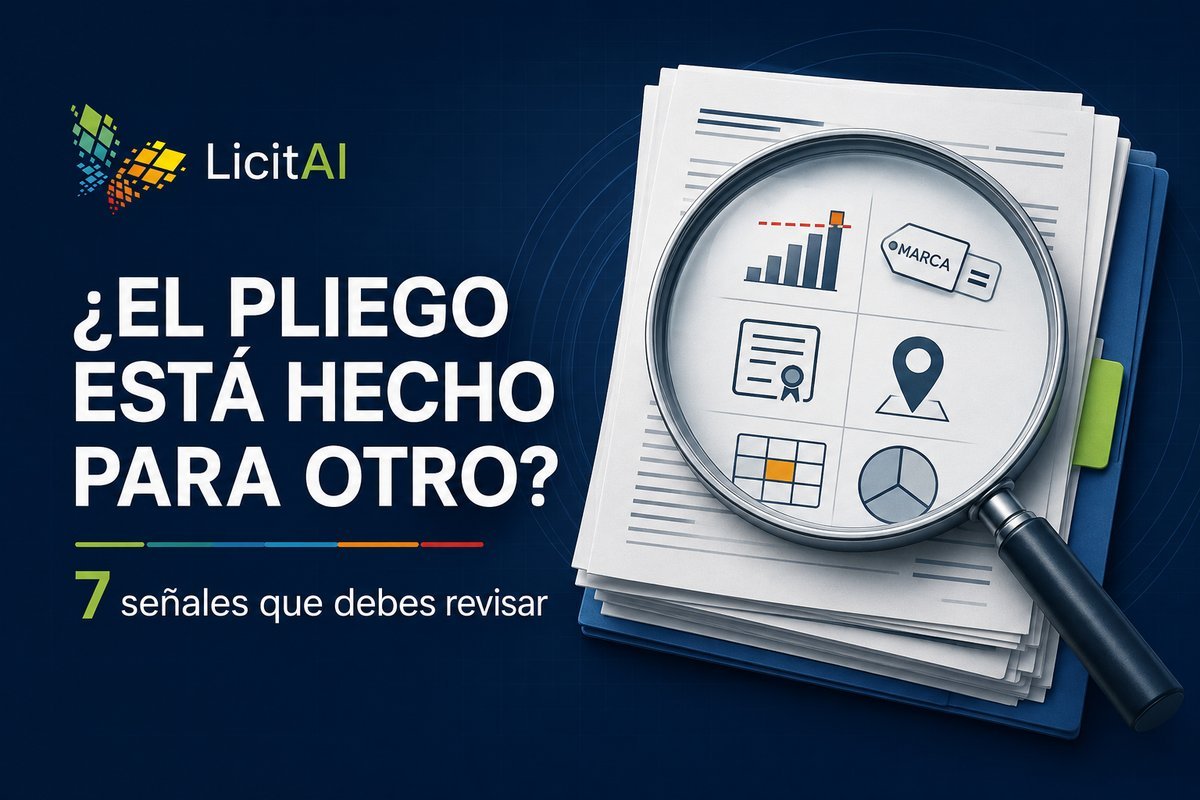 Documentación de una licitación examinada con una lupa para detectar siete posibles requisitos restrictivos.